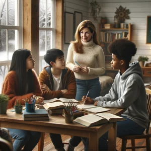 Cours d’anglais en petit groupe lors d’un stage intensif en hiver dans une famille d’accueil