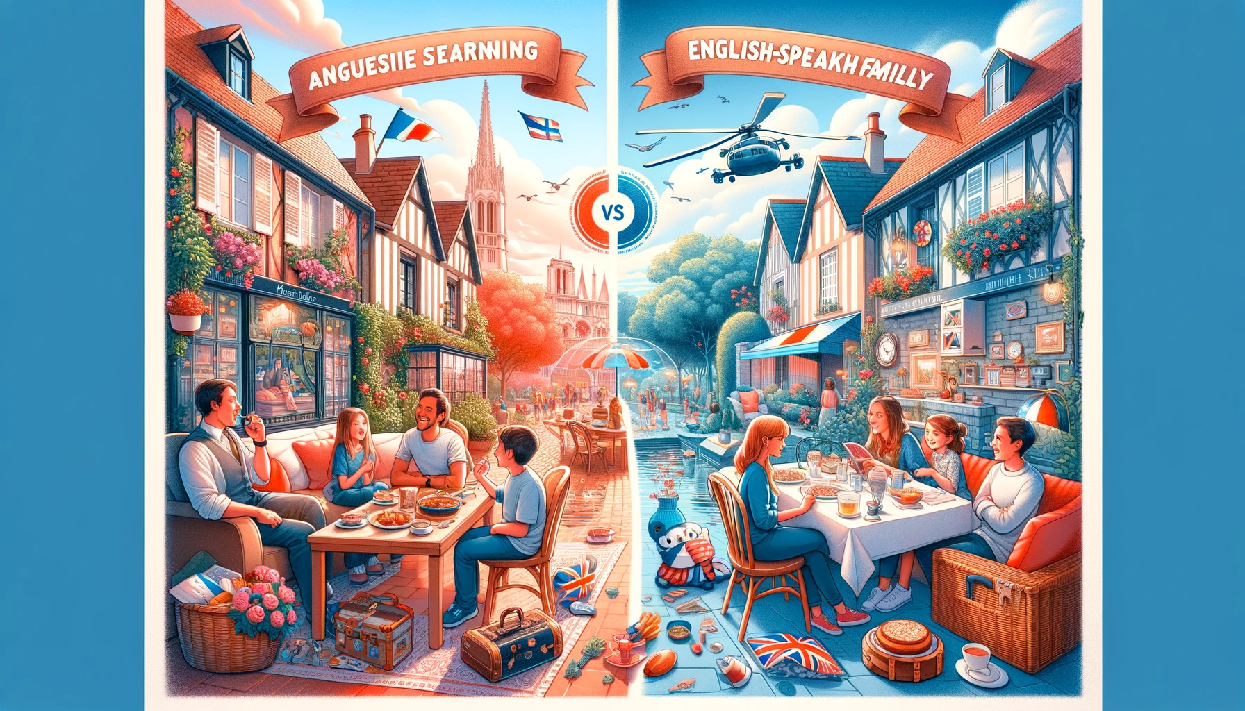 Illustration comparative d’un séjour linguistique en immersion en France avec une famille anglaise et d’un séjour à l’étranger