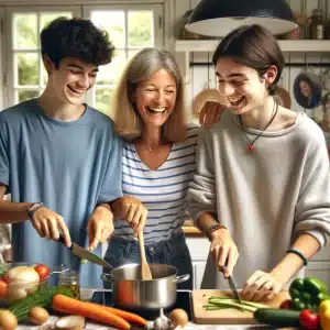 Famille partageant un moment convivial en cuisine pendant un repas, illustrant l’apprentissage de l’anglais au quotidien en immersion