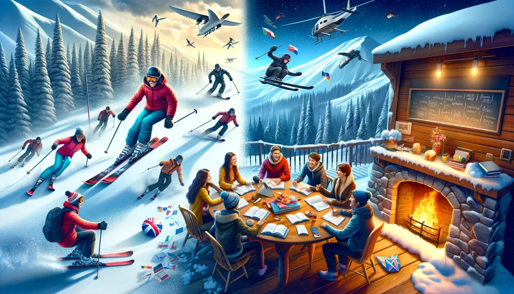 Illustration d’un séjour linguistique ski et anglais combinant apprentissage de l’anglais et activités hivernales en montagne