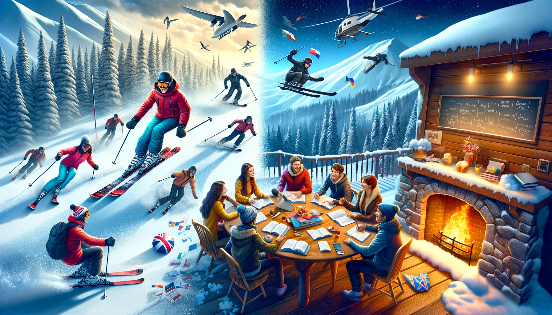 Illustration d’un séjour linguistique ski et anglais combinant apprentissage de l’anglais et activités hivernales en montagne