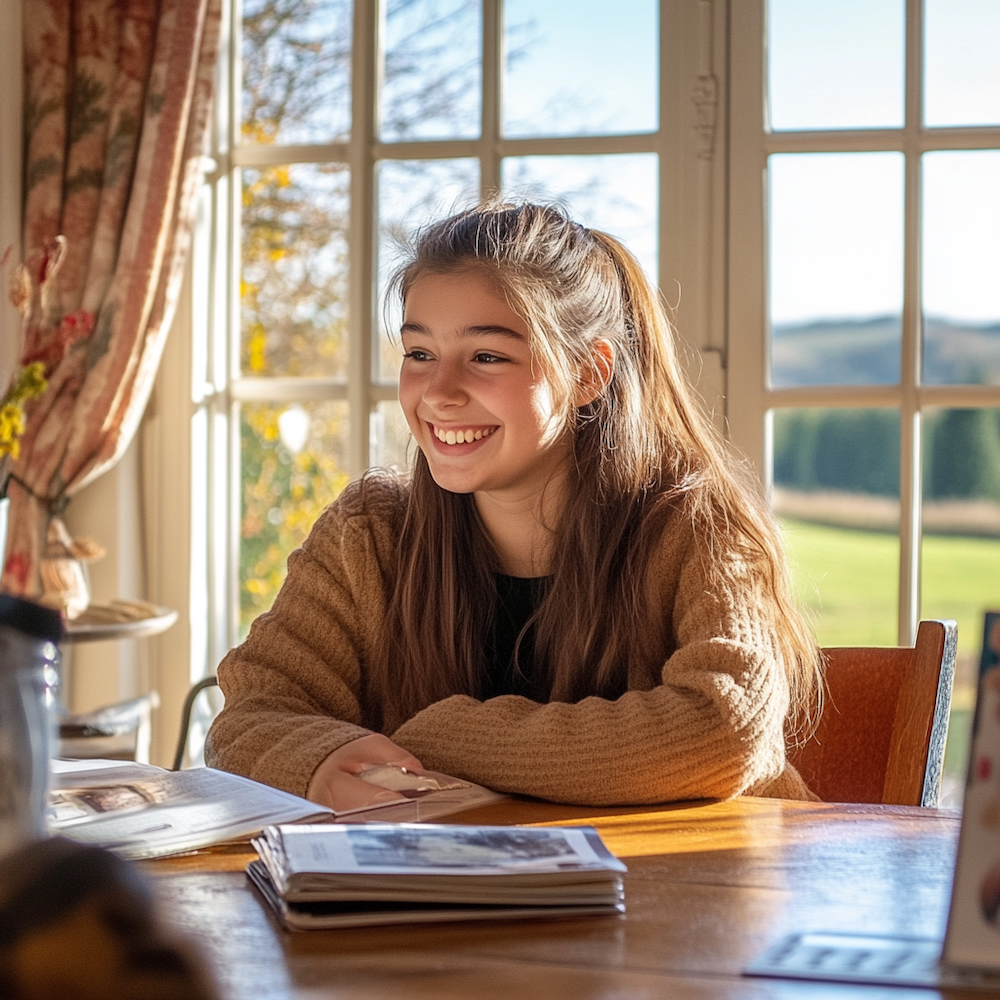 Adolescente souriante participant à un séjour linguistique en immersion en famille anglaise en France, dans un cadre familial rassurant et propice à l’apprentissage de l’anglais.