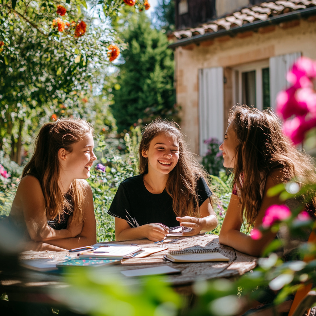 Adolescentes françaises apprenant l’anglais lors d’un séjour linguistique en immersion en famille anglaise, à travers des activités ludiques et éducatives en plein air.