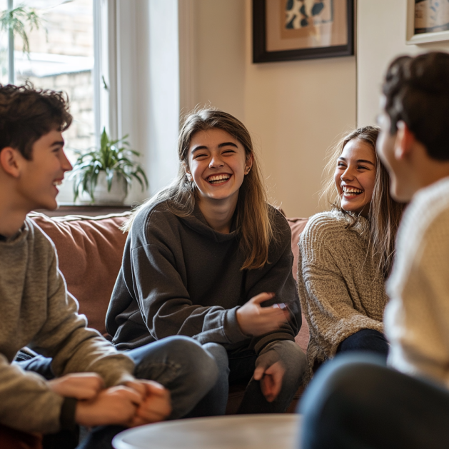 Groupe de jeunes échangeant de manière détendue dans un salon, illustrant la pratique de l’anglais en immersion au quotidien