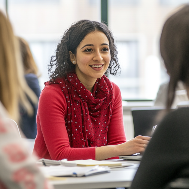 Adulte échangeant lors d’une formation en petit groupe, illustrant l’apprentissage de l’anglais en contexte professionnel
