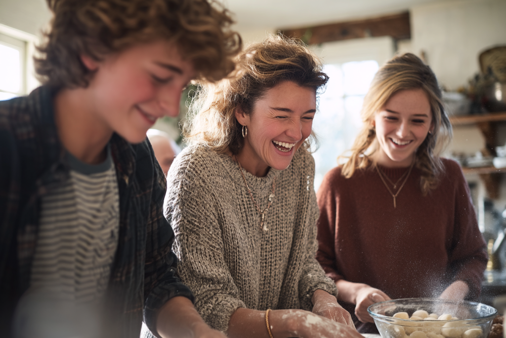 Jeunes partageant une activité culinaire en famille, illustrant un accompagnement structuré de l’apprentissage de l’anglais en immersion
