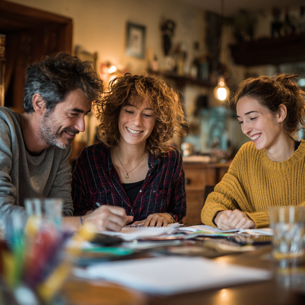 Adultes et jeune échangeant autour d’une activité à table, illustrant un programme d’immersion linguistique encadré