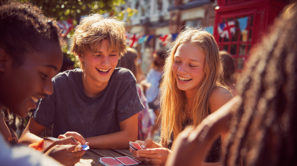 Adolescents partageant un moment convivial en extérieur, illustrant un programme d’immersion linguistique en famille