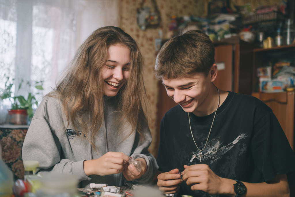 Adolescents échangeant dans un cadre familial lors d’un moment du quotidien, illustrant un séjour linguistique en immersion en France