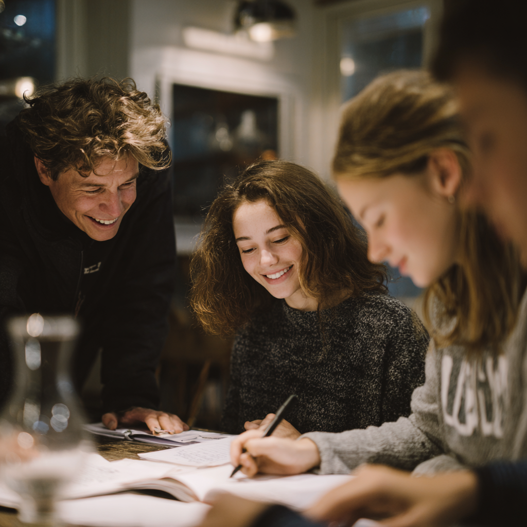 Adulte accompagnant des adolescents lors d’une activité écrite à table, illustrant un accompagnement personnalisé en immersion anglaise