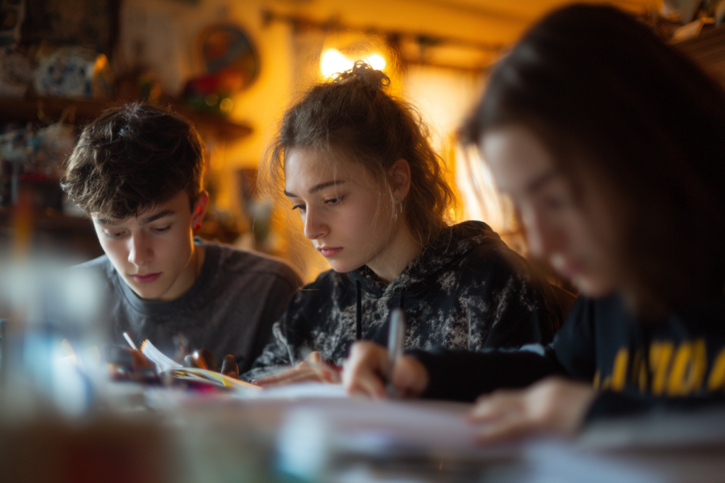 Adolescents concentrés sur une activité écrite à table, représentant l’apprentissage de l’anglais en immersion familiale