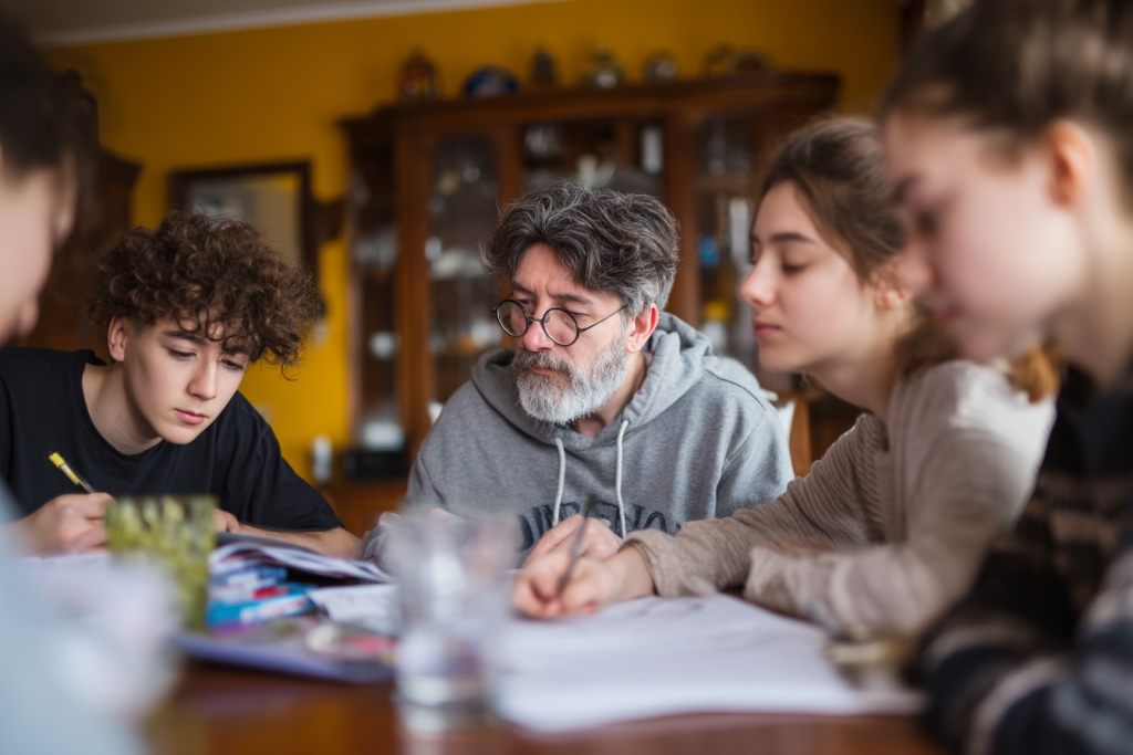 Adolescents travaillant avec un adulte autour d’une table dans un cadre familial, illustrant une immersion linguistique en anglais en France
