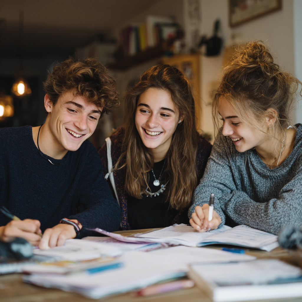 Adolescents travaillant ensemble autour de documents dans un cadre familial, illustrant un séjour linguistique en immersion en France