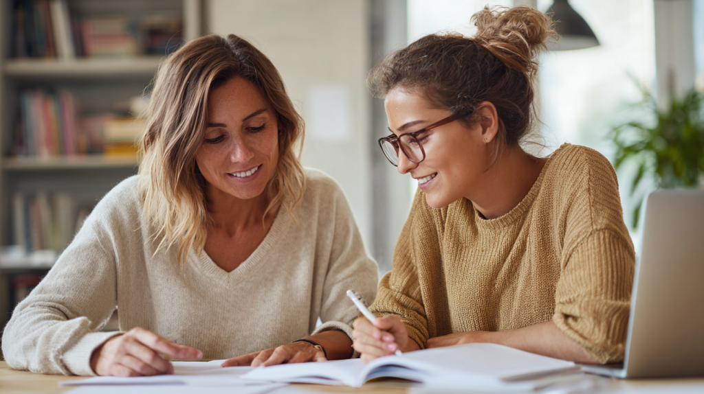 Adultes travaillant l’anglais ensemble dans un cadre calme et bienveillant, illustrant un apprentissage adapté aux adultes