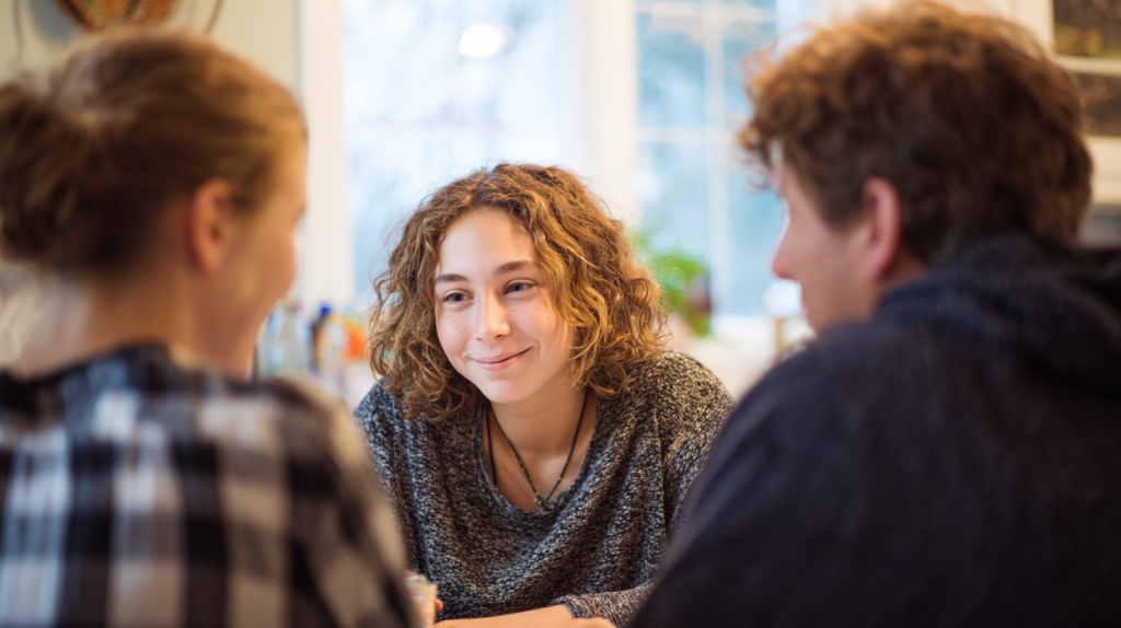 Échange attentif et bienveillant autour d’une table, illustrant un cadre rassurant pour l’apprentissage