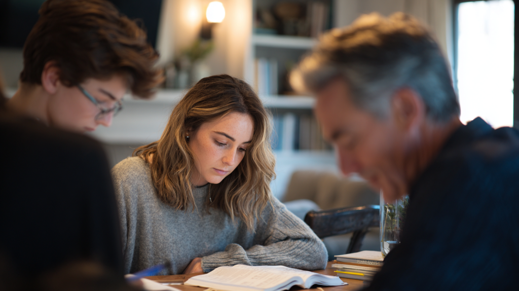Lycéens étudiant l’anglais avec un adulte dans un cadre familial, illustrant un accompagnement adapté à la section européenne