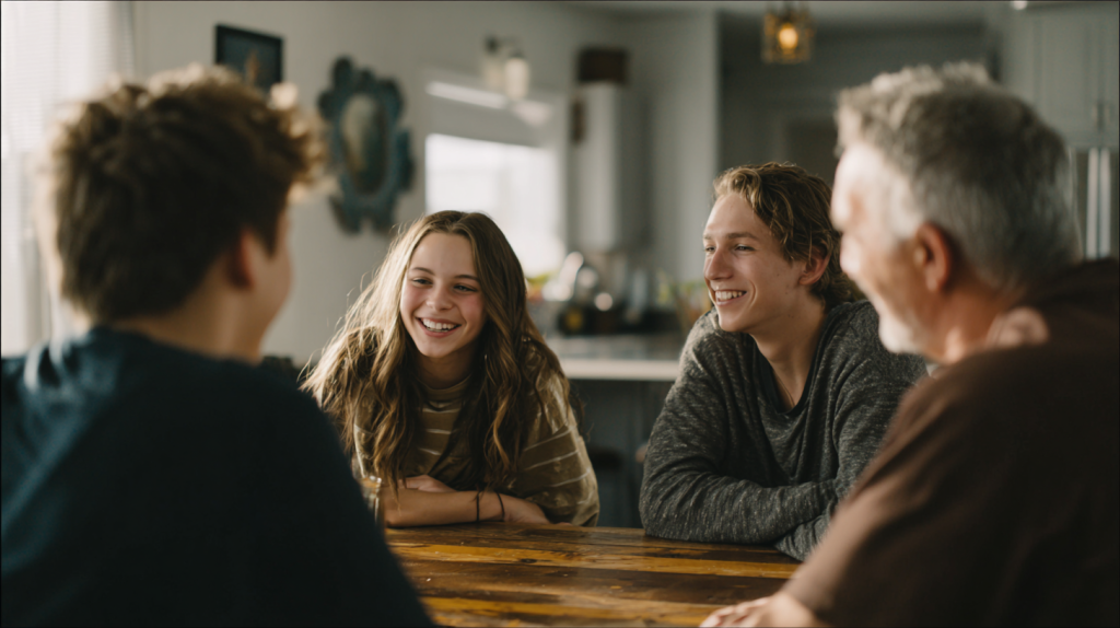 Lycéens échangeant avec une famille d’accueil autour d’une table, illustrant la pratique de l’anglais en immersion au quotidien