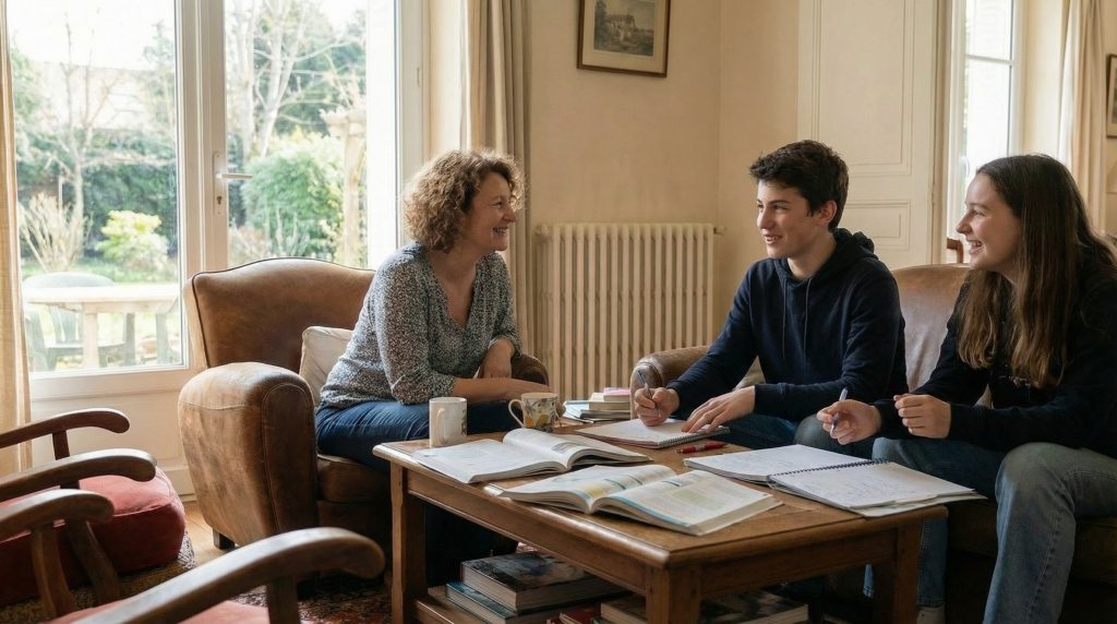 Hébergement encadré en France pendant un séjour linguistique anglais, adolescents révisant autour d’une table avec un adulte référent