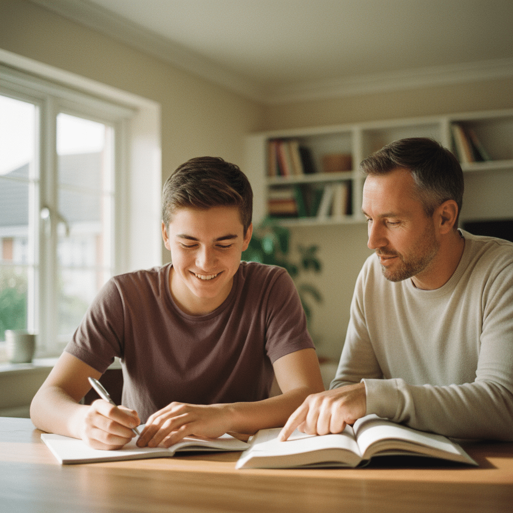 Adolescent étudiant avec sa famille d’accueil anglaise en France lors d’un séjour linguistique convivial.