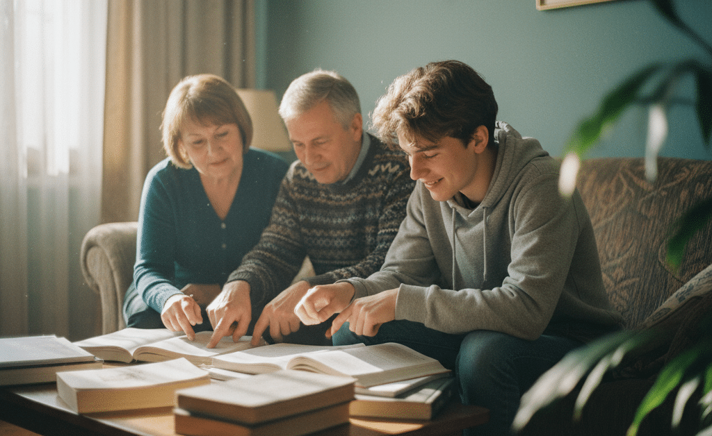 Un adolescent lit et échange autour de livres avec son couple de famille d'accueil anglaise, installés ensemble dans le salon.