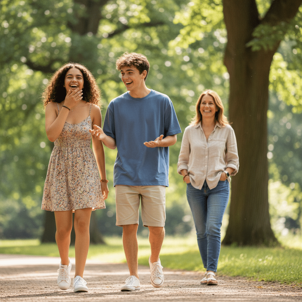 Deux adolescents rient en marchant dans un parc avec leur hôtesse anglaise, lors d'un séjour linguistique en immersion.