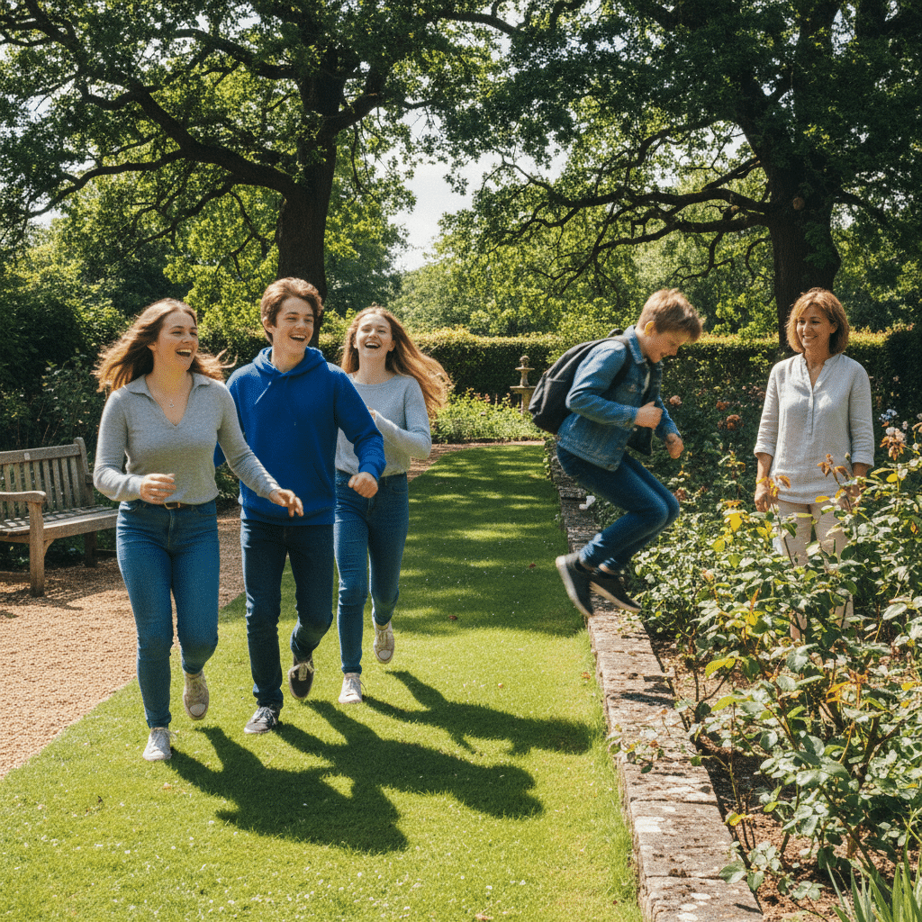 Groupe d'adolescents complices dans le jardin d'une famille d'accueil anglaise, lors d'un séjour linguistique en immersion.