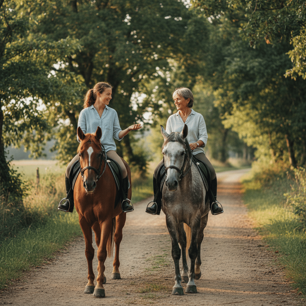 Une adolescente fait de l'équitation aux côtés de sa famille d'accueil anglaise, sur un chemin en pleine nature, lors d'un séjour linguistique avec activité équestre.
