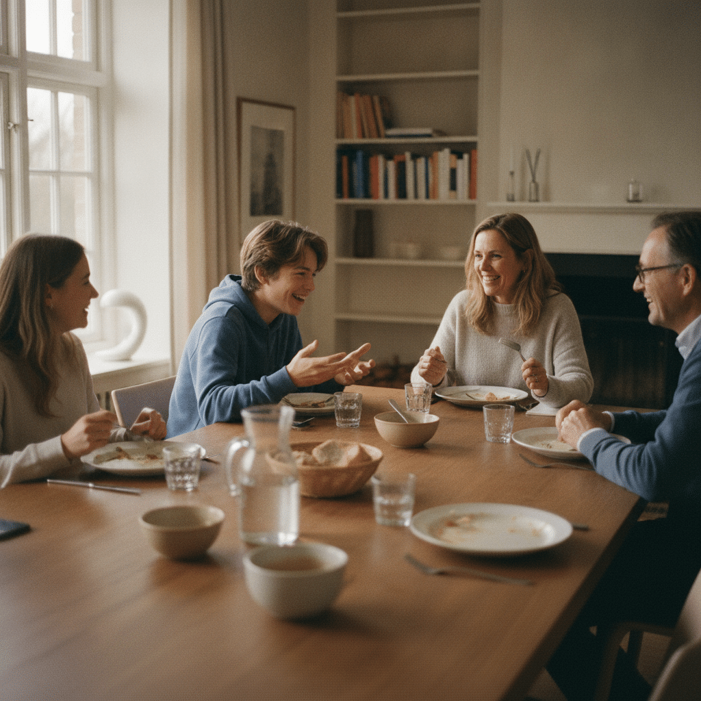Un adolescent discute et rit à table avec sa famille d'accueil anglaise, lors d'un repas convivial.