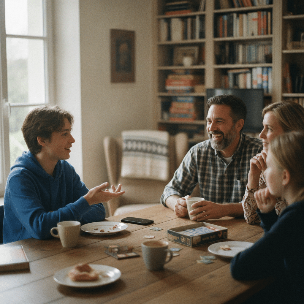 Adolescent conversant en anglais avec sa famille d'accueil autour d'un jeu de société pendant un séjour linguistique en immersion