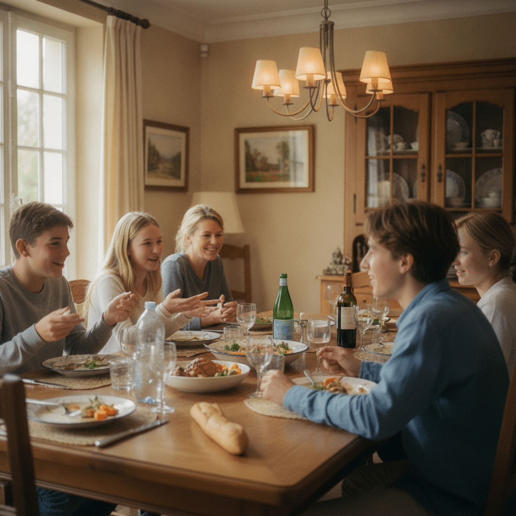 Groupe d'adolescents partageant un dîner en anglais avec leur famille d'accueil pendant un séjour linguistique en immersion