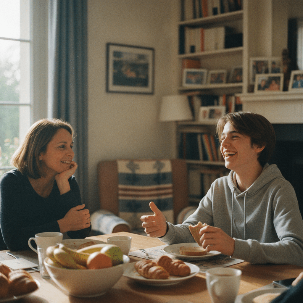 Adolescent échangeant en anglais avec sa famille d'accueil au petit-déjeuner pendant un séjour linguistique en France