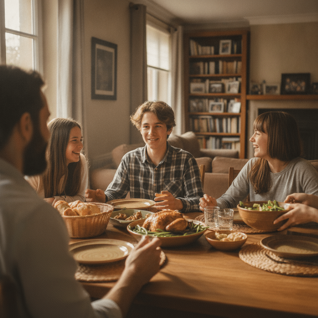 Adolescent partageant un repas en famille anglophone lors d'un séjour linguistique en immersion en France