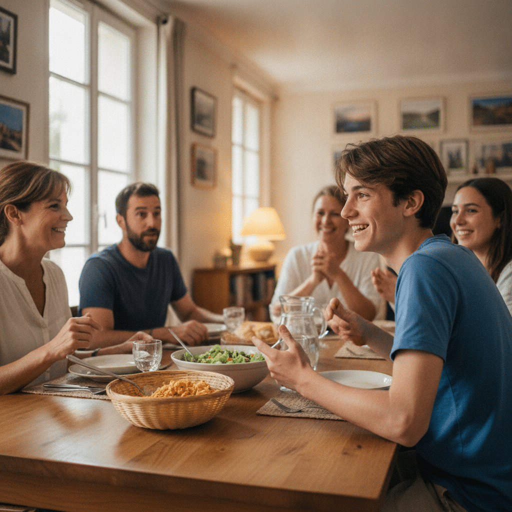 Adolescent partageant un repas animé en anglais avec sa famille d'accueil lors d'un séjour linguistique en immersion en France